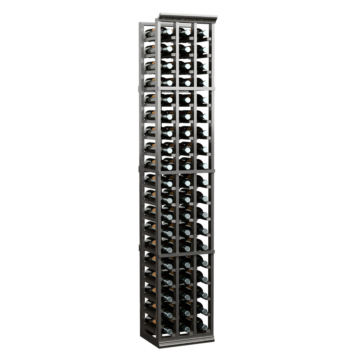 3-column wine bottle rack with dark frame for standing bottles