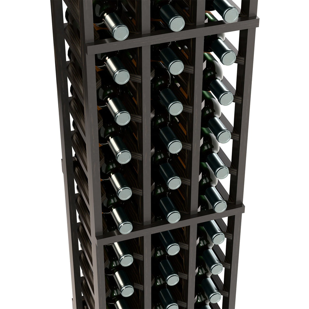 Side view of dark 3-column wine bottle rack with bottle rows