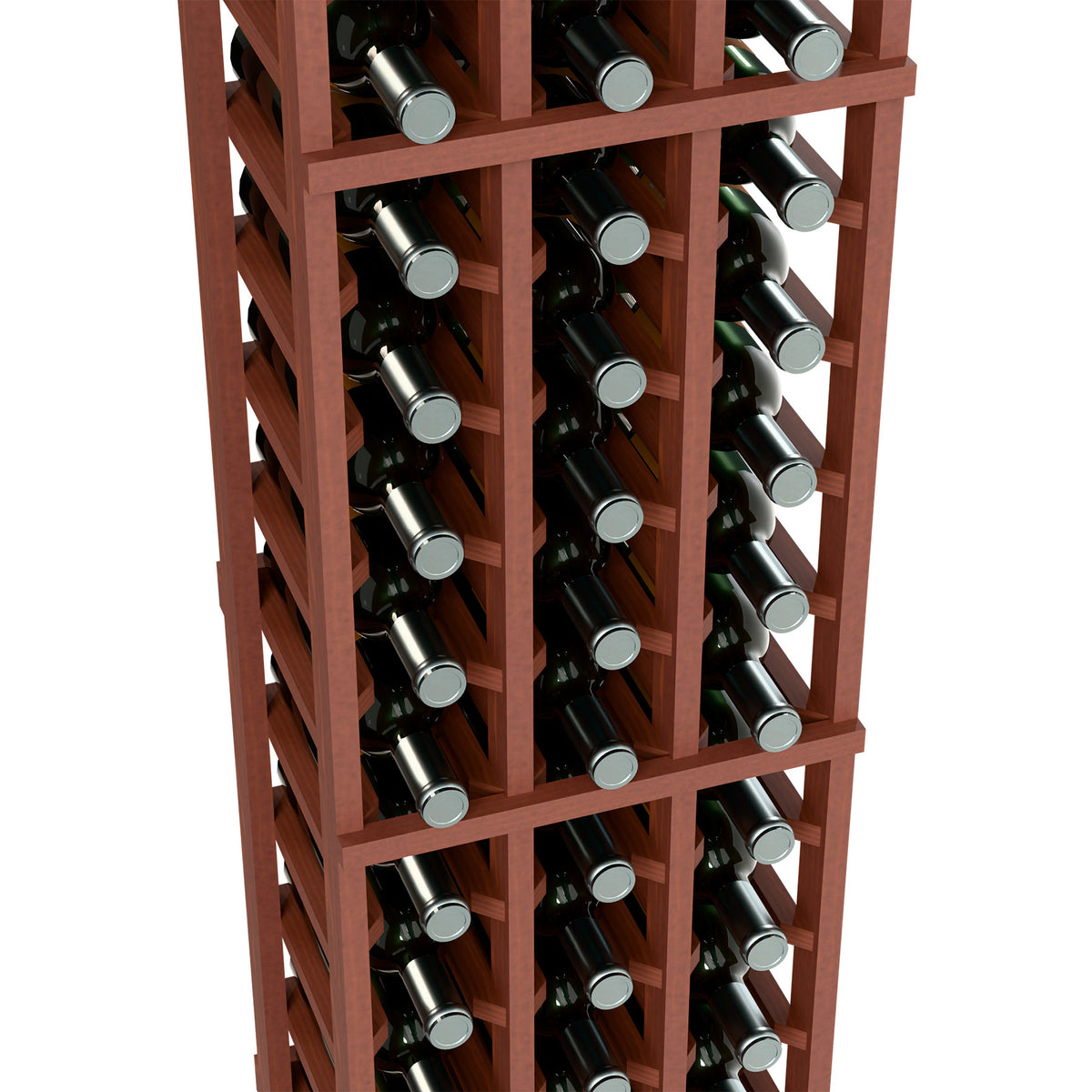 Close-up of warm brown wine bottle rack showing bottle holders and necks