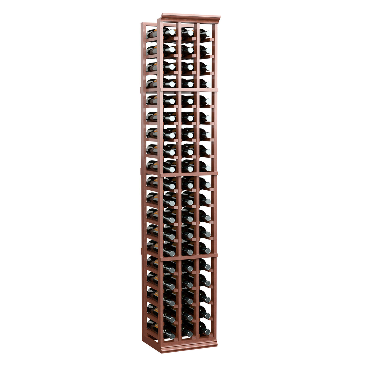 3-column wine bottle rack with warm brown frame for standing bottles