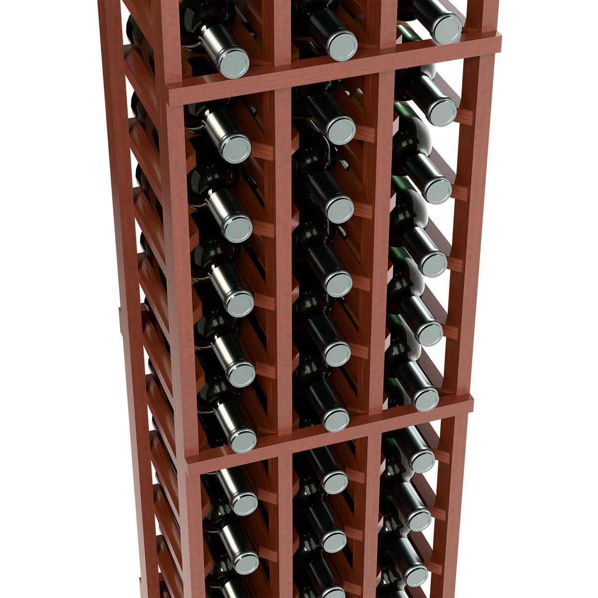Side view of warm brown 3-column wine bottle rack with bottle rows