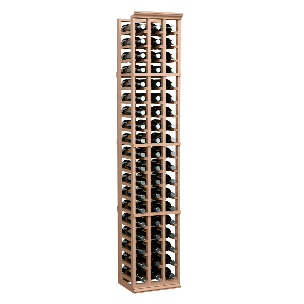 3-column wine bottle rack with light wood frame holding bottles