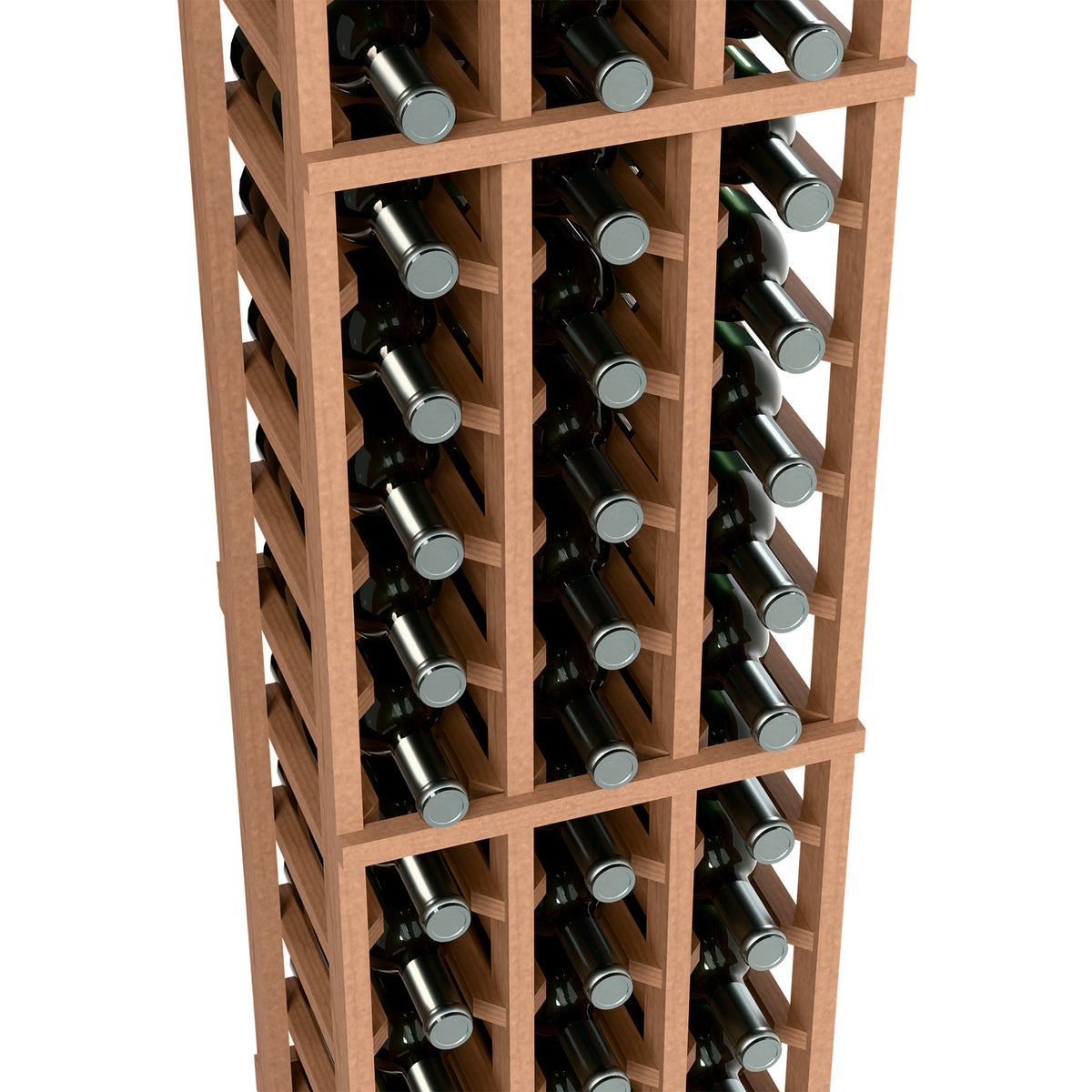 Close-up of light wood wine bottle rack showing slots with bottles