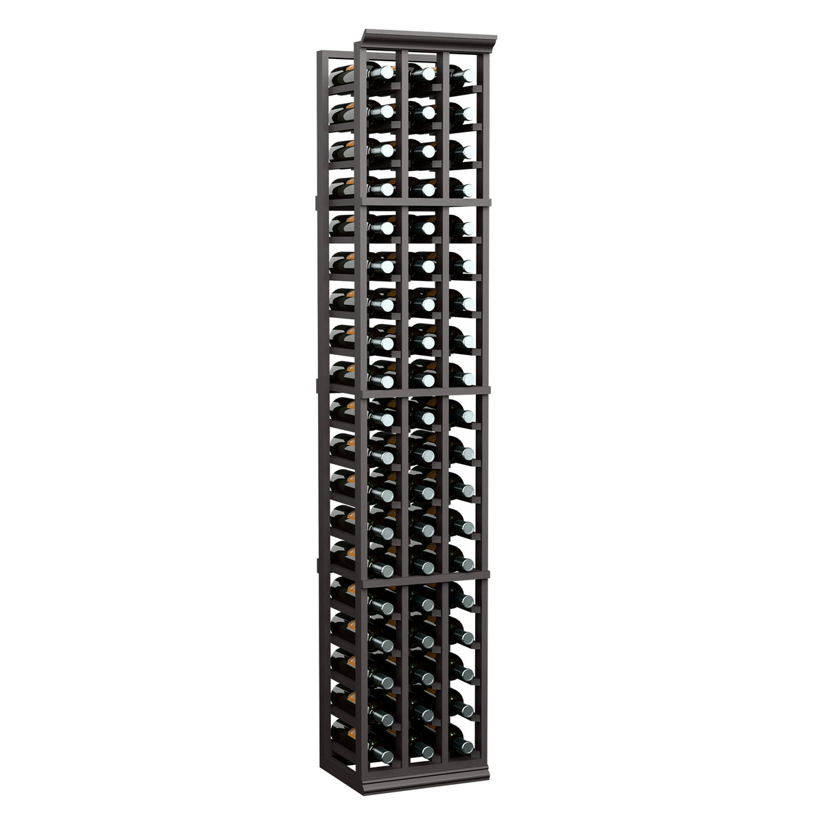 Black 3-column wine rack holding dark bottles in vertical slots