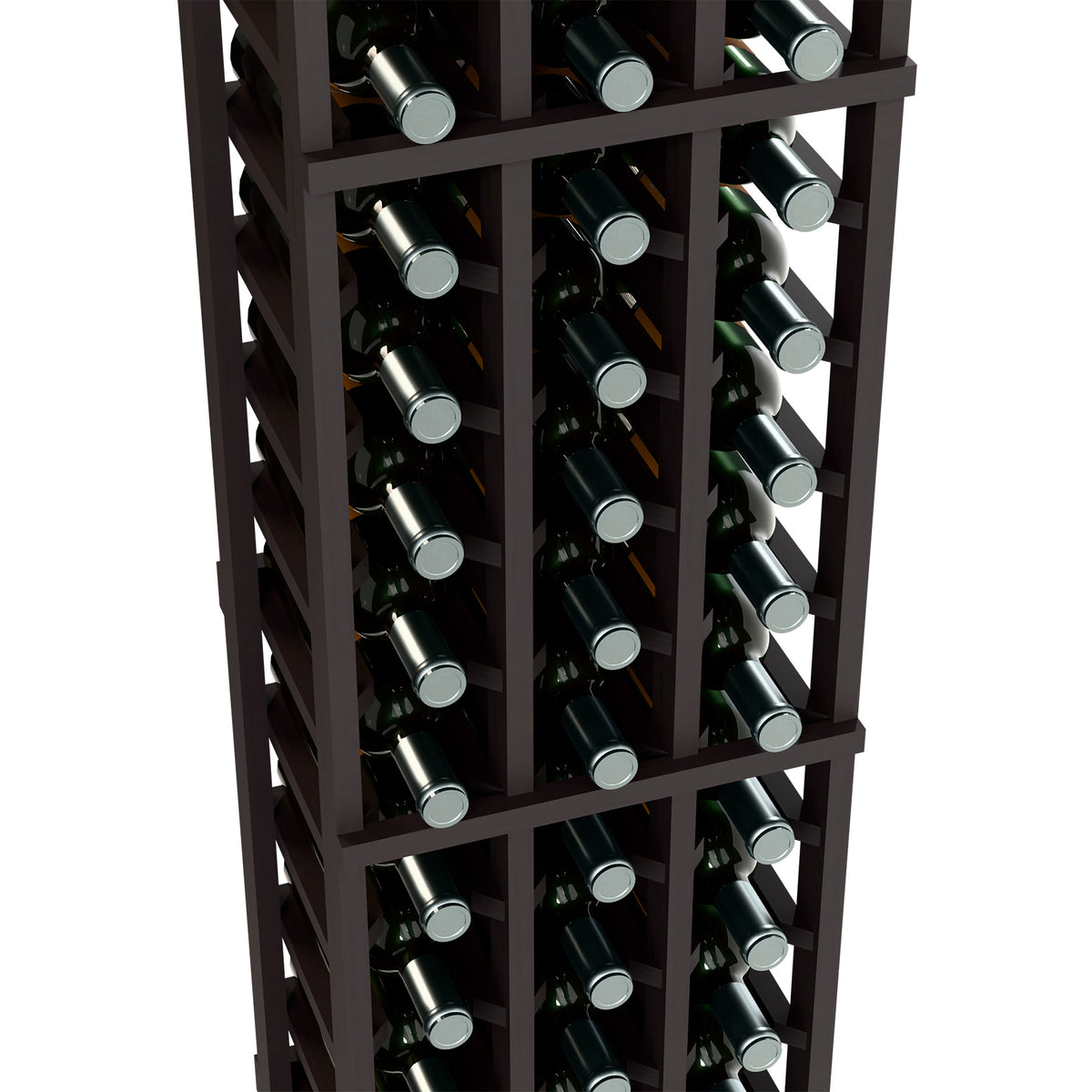 Black wine rack detail with dark green bottles and silver bottle caps