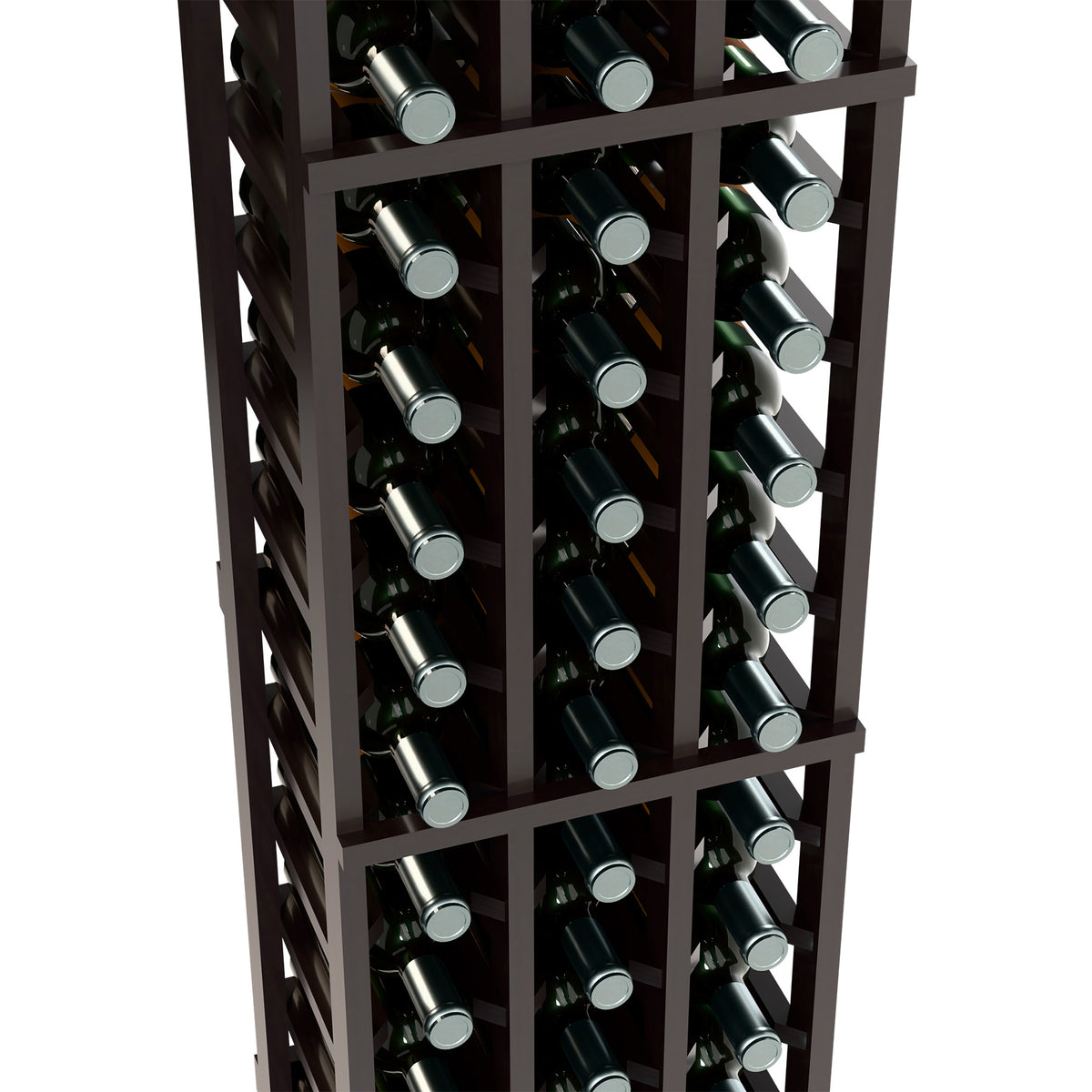 Black wine rack close-up showing dark bottles in wooden grid compartments