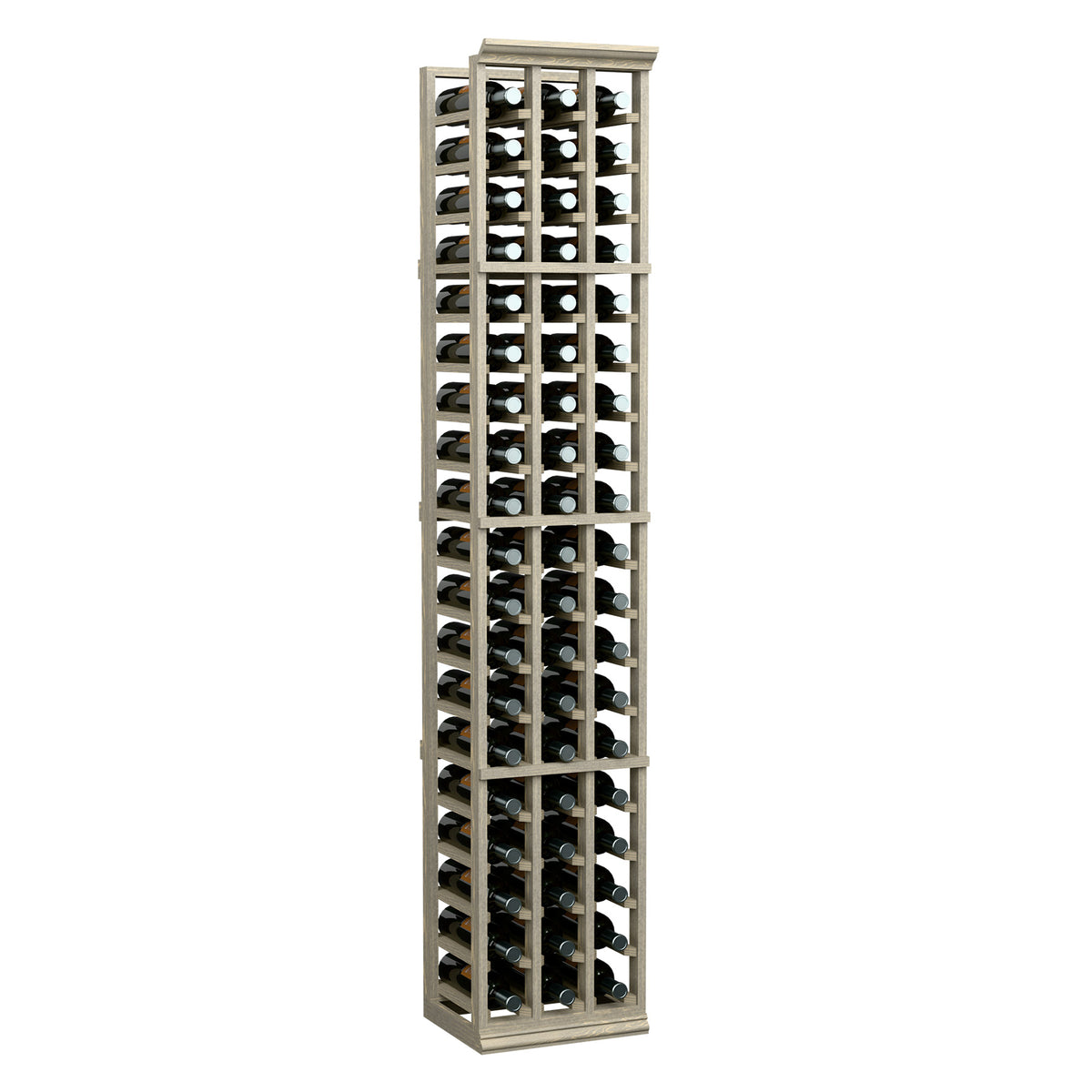 Three-column 6ft wine bottle rack with open wooden lattice, holds bottles upright