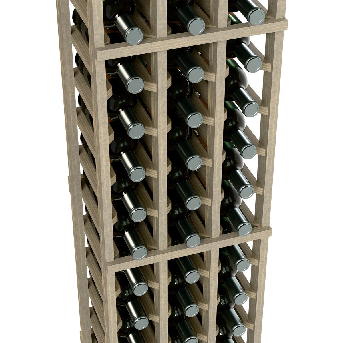 Close-up of three-column wine bottle rack with bottle slots holding bottles upright