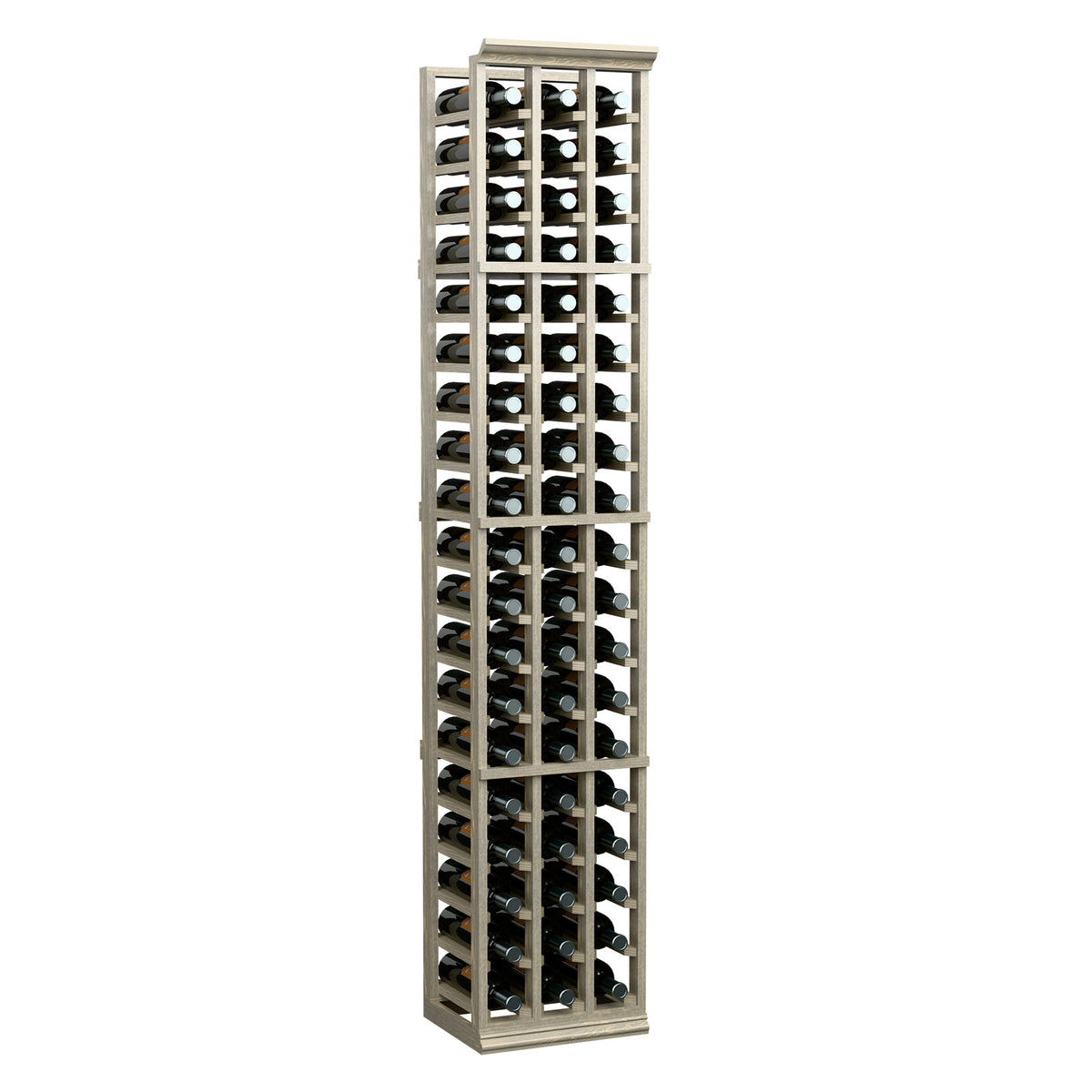 Three-column 6ft wine bottle rack with light wood frame and upright bottle storage