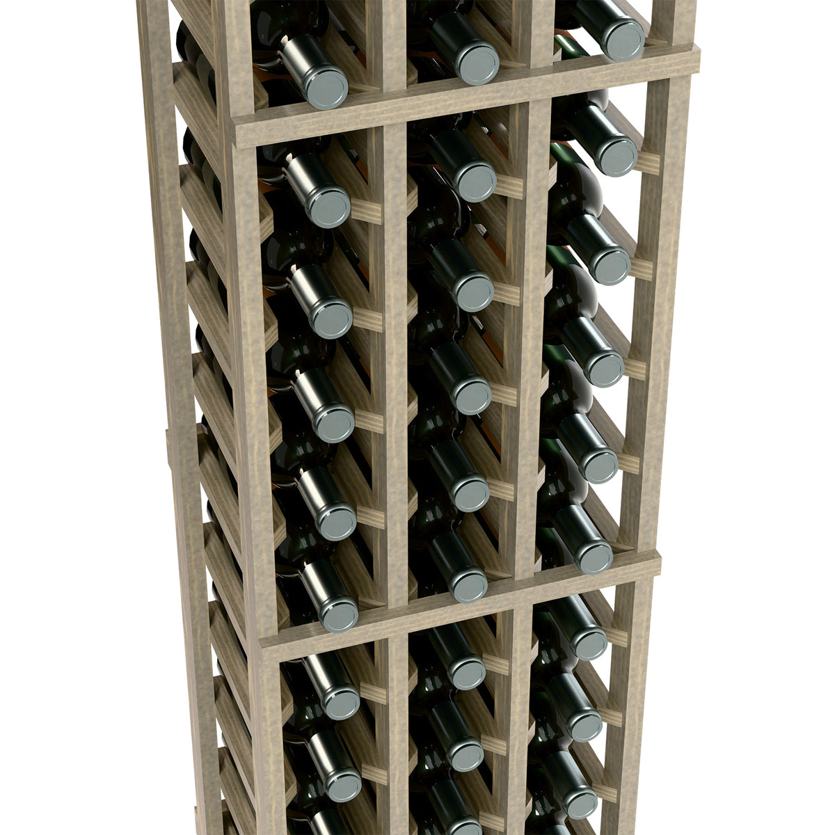 Three-column wine bottle rack with bottles seated in individual slots, upright