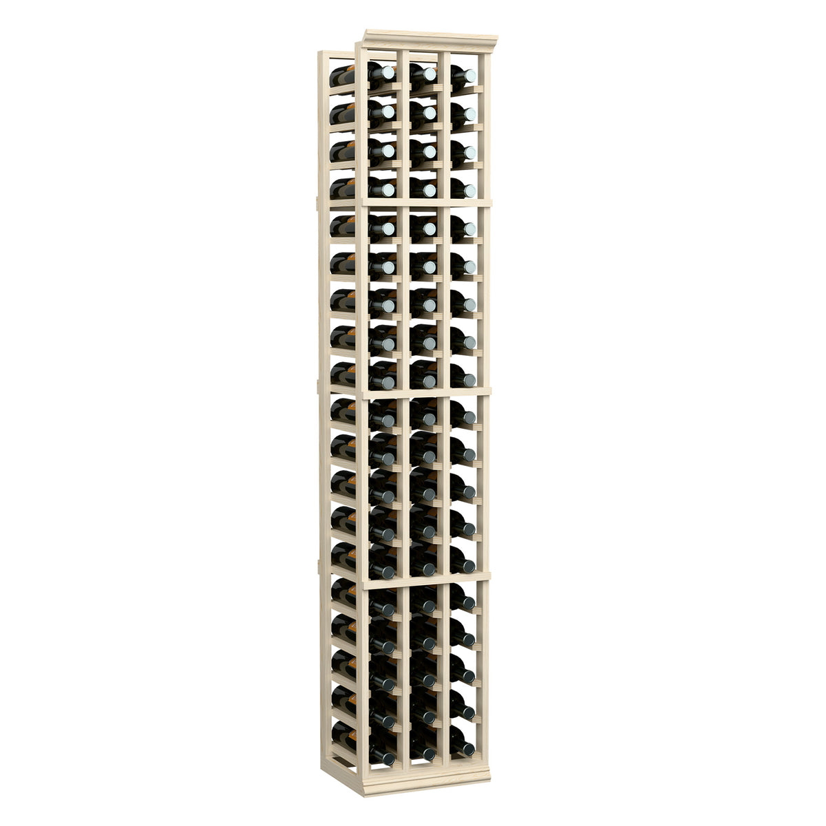 Three-column 6ft wine bottle rack in light wood with open sides for easy access