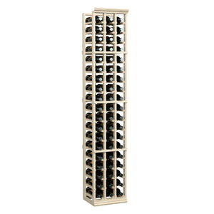 Three-column 6ft wine bottle rack in light wood with open sides for easy access