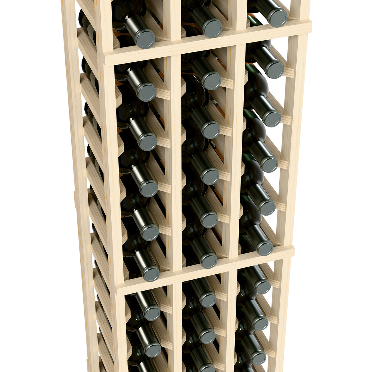 Angled close-up of three-column wine bottle rack with light wood lattice and bottles