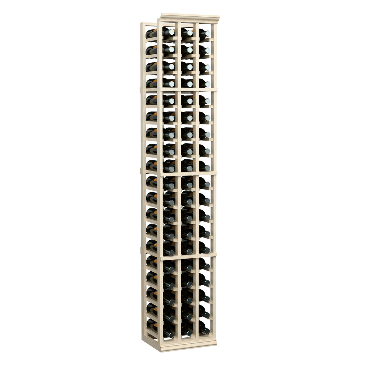 Three-column 6ft wine bottle rack with light wood frame and rows of upright bottles
