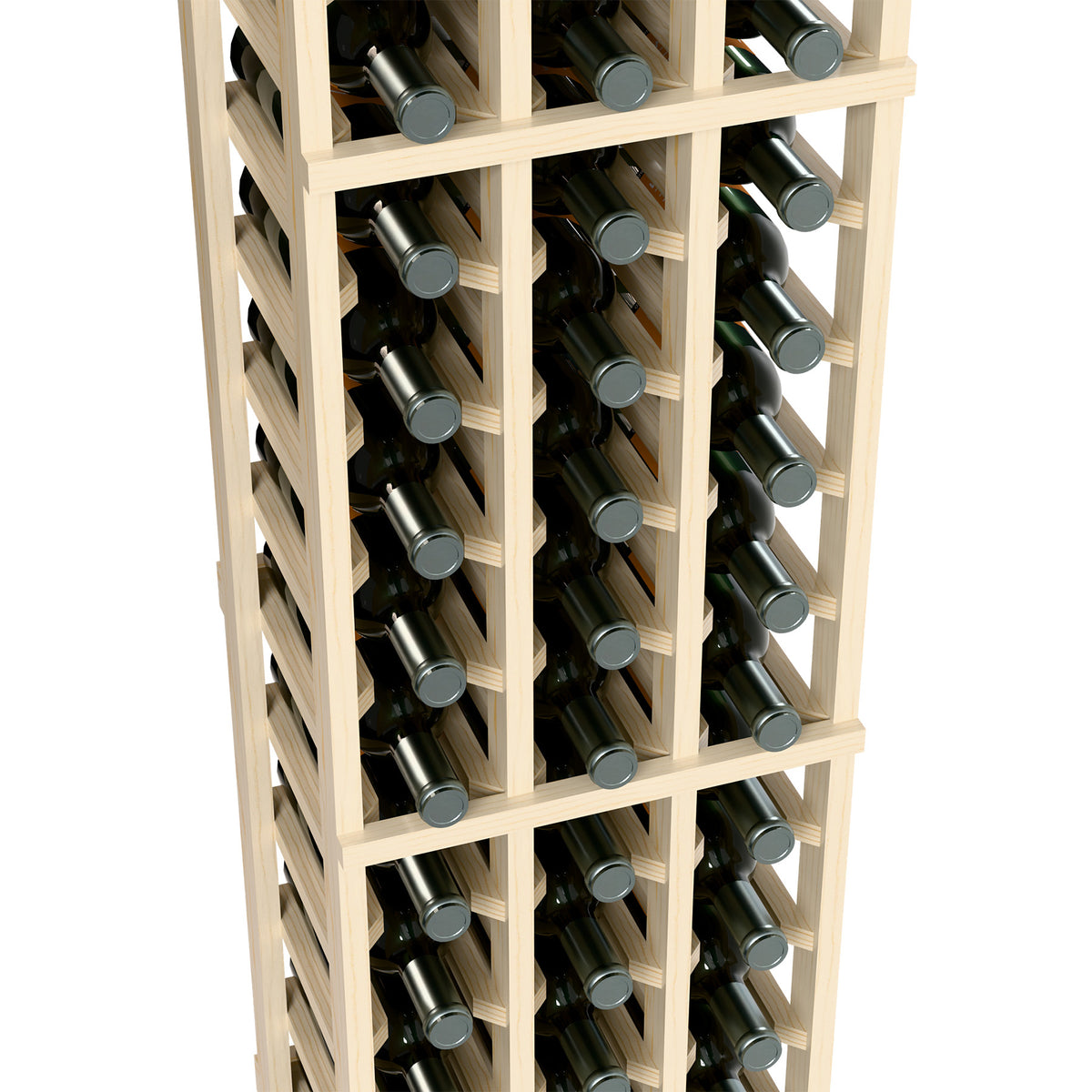 Close-up of three-column wine bottle rack showing bottle slots and upright bottles