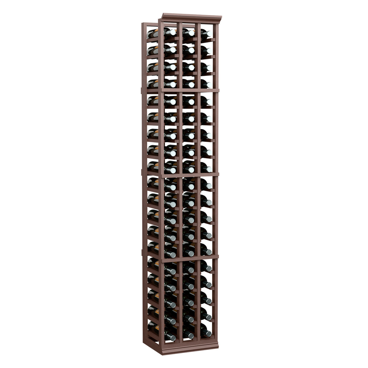 Three-column 6ft wine bottle rack in dark wood with upright bottle storage rows