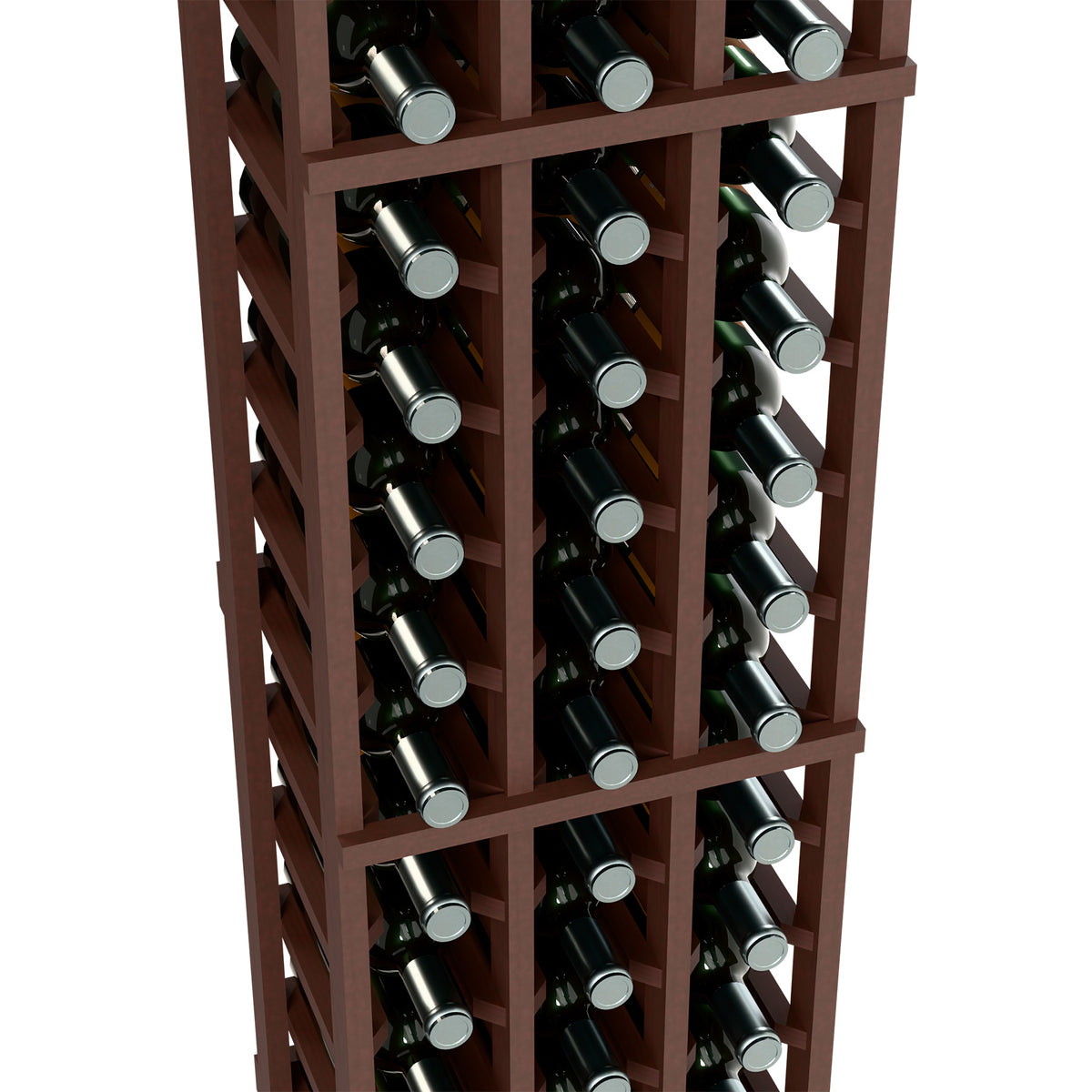 Close-up of dark wood three-column wine bottle rack holding bottles upright in slots