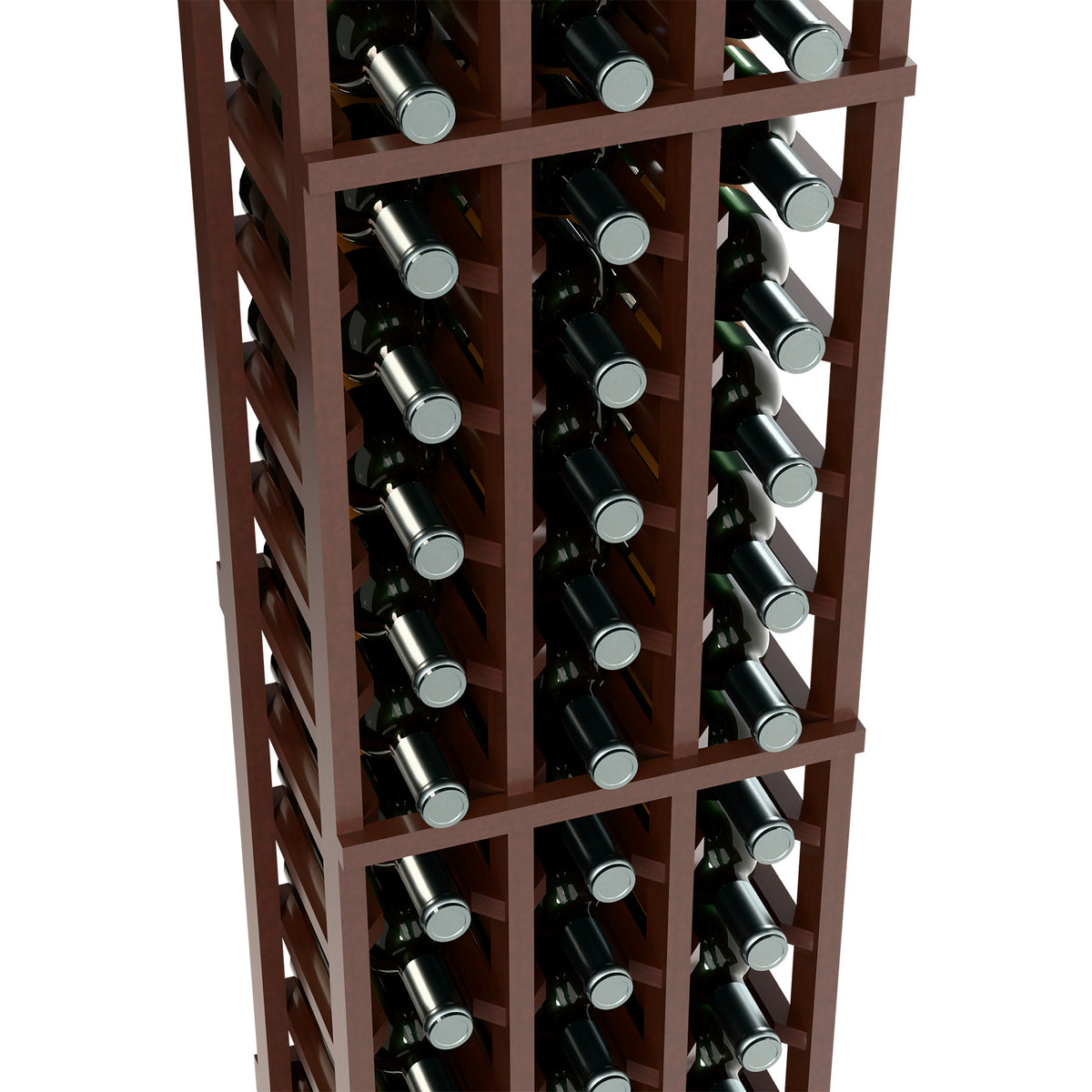 Dark wood wine bottle rack, 3-column grid holding bottles in rows