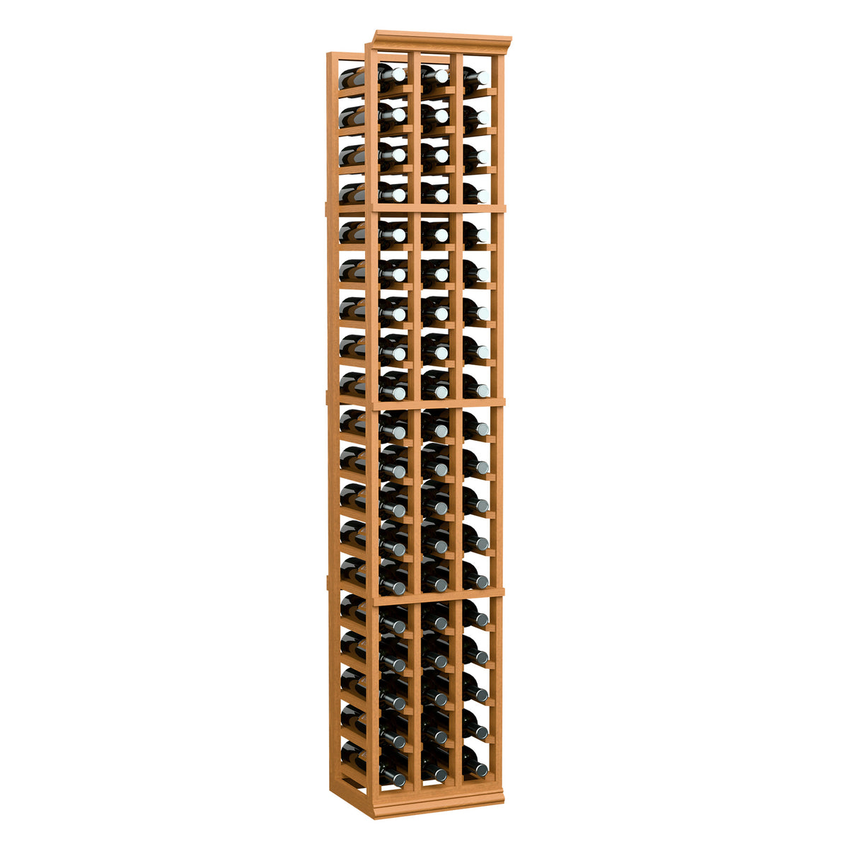 3-column light wood wine bottle rack, 6 ft tall, grid slots for bottles