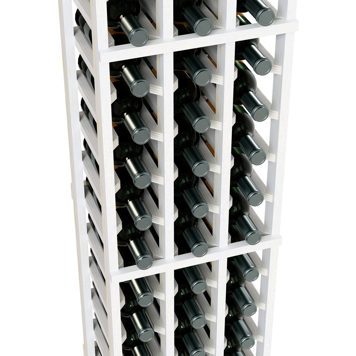 White wine bottle rack, 3-column grid holding bottles in individual slots