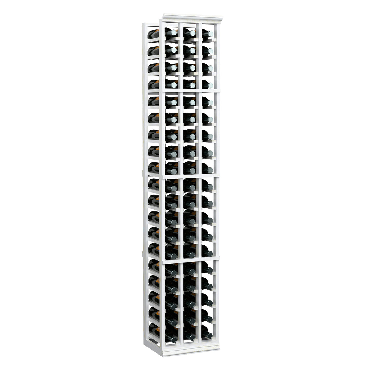 White 3-column wine bottle rack, 6 ft tall, arranged bottle grid
