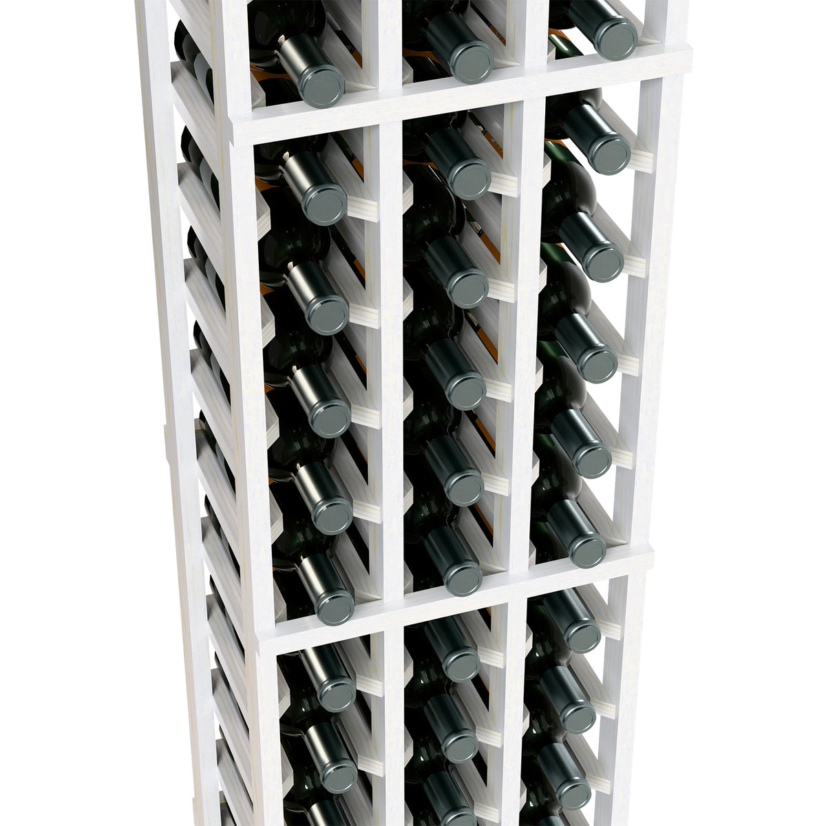 White wine bottle rack close-up, 3-column grid with bottle bottle slots