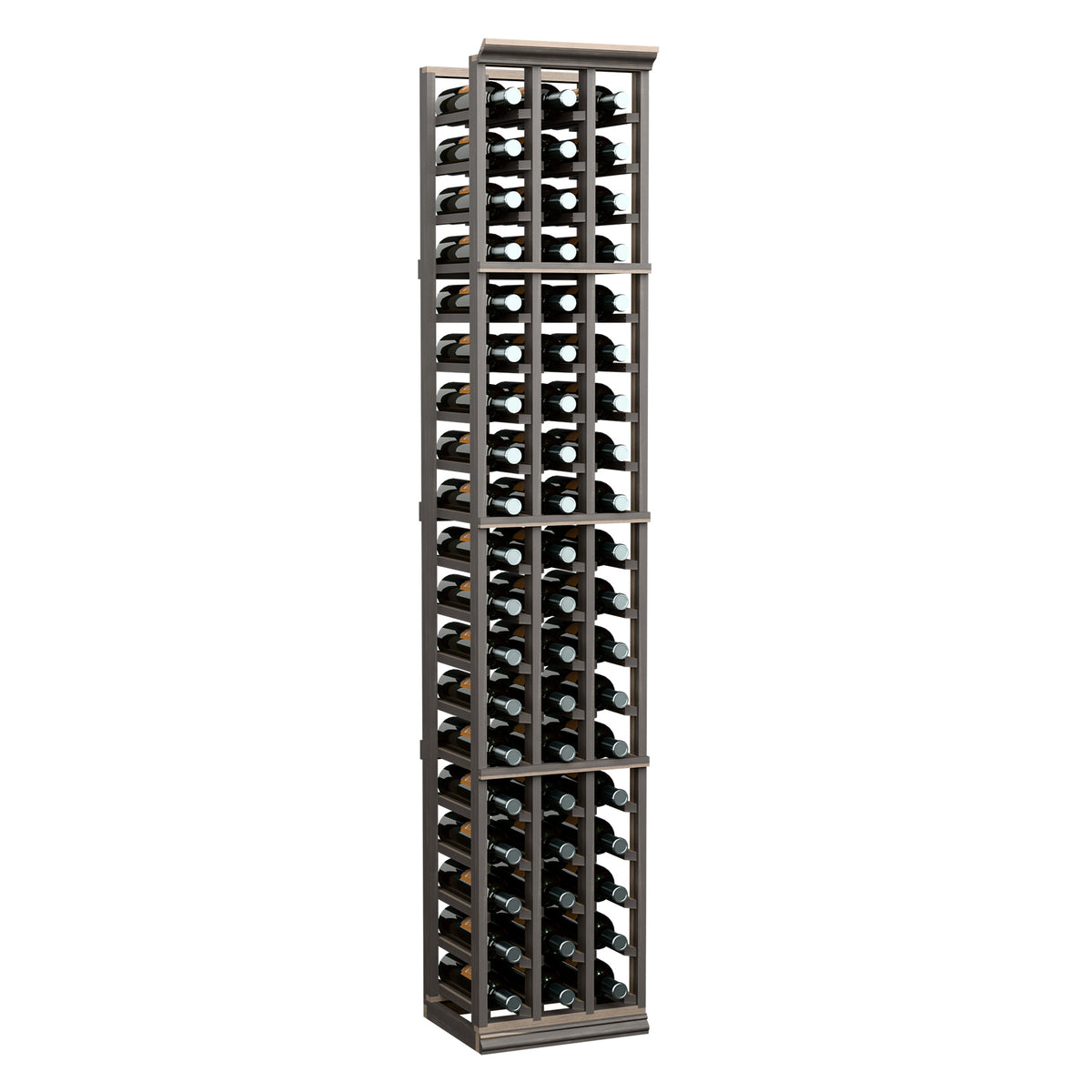 Wine bottle rack, dark wood frame with three columns and slanted bottle holders