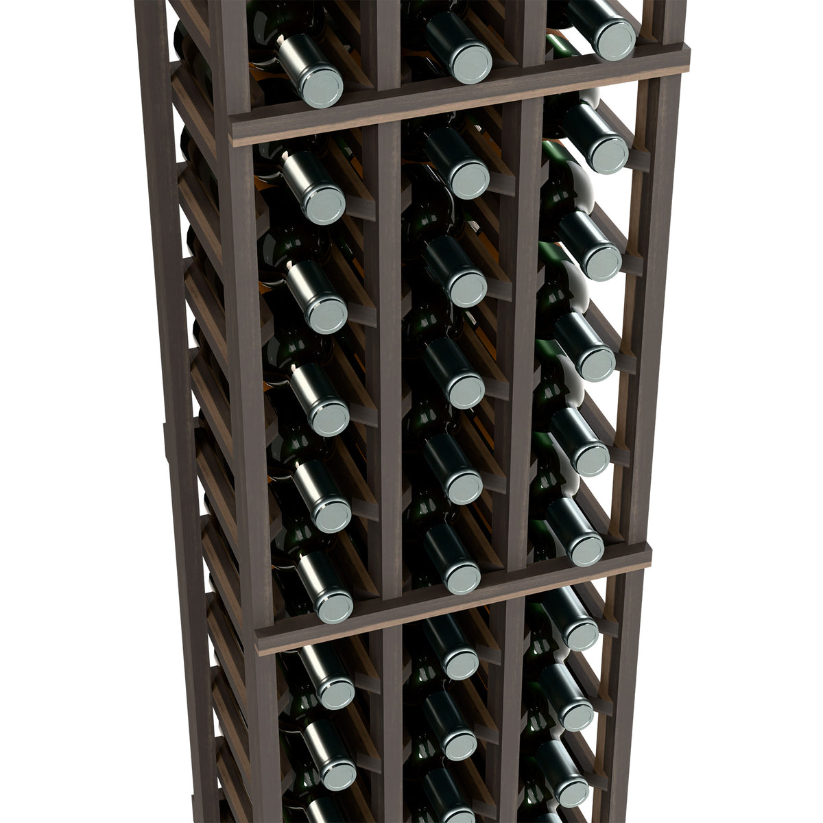 3-column wine bottle rack detail view with dark frame and angled bottle slots