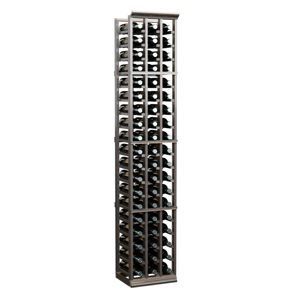Tall wine bottle rack with three columns, dark frame and bottle compartments
