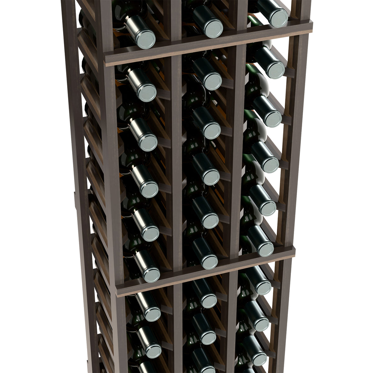 Wine bottle rack with dark wood frame, three columns, and angled bottle rows