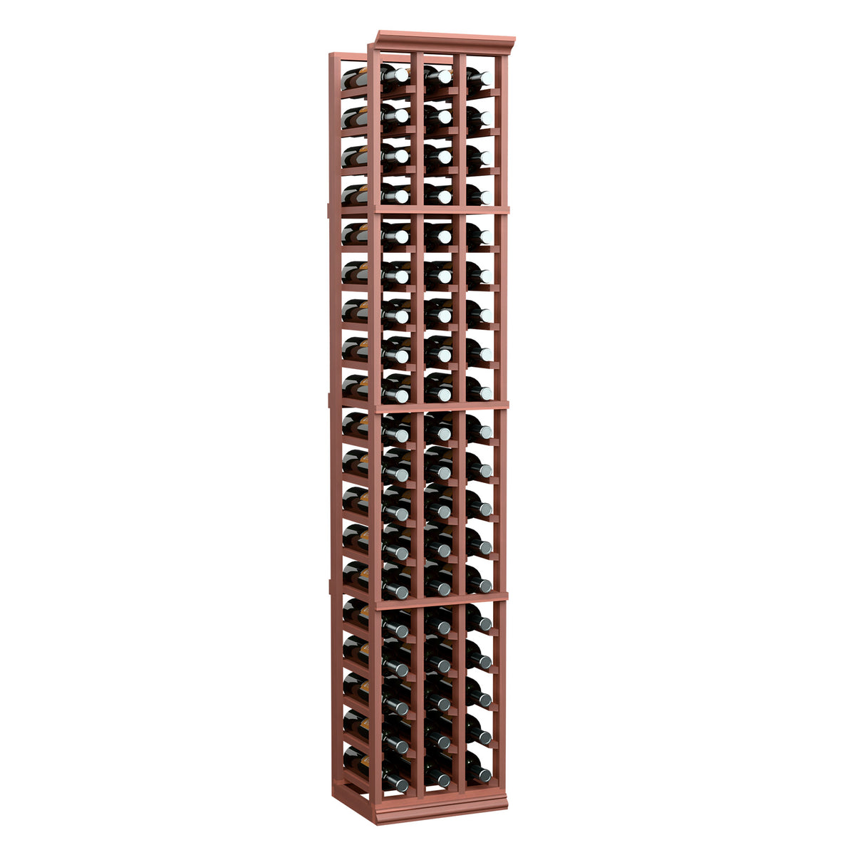 Tall wine bottle rack, red-brown wood frame with three columns and bottle holders