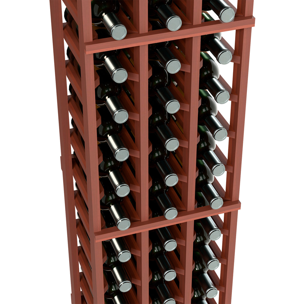 3-column wine bottle rack close view with red-brown frame and angled bottle slots