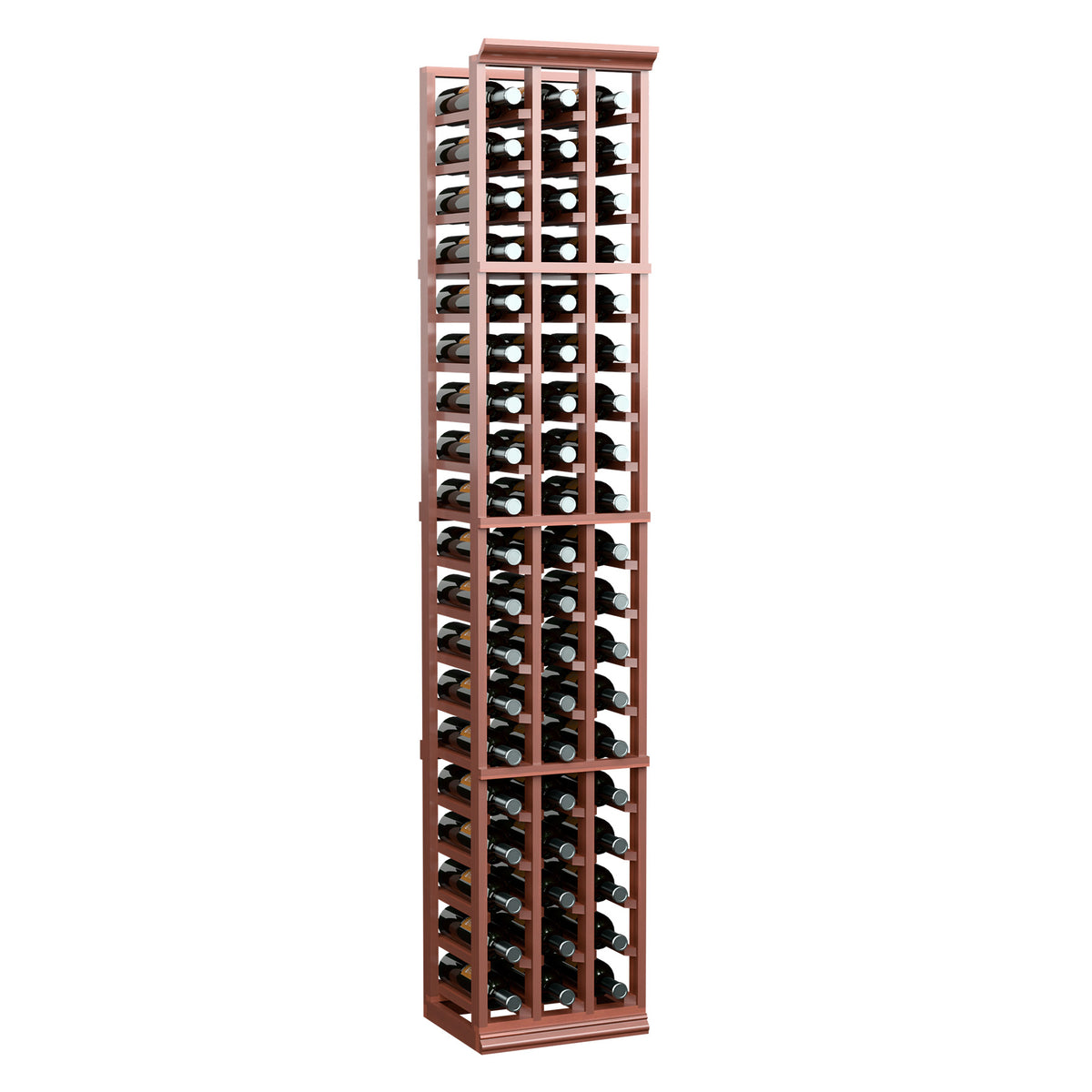 Wine bottle rack with three columns and red-brown frame holding bottles upright