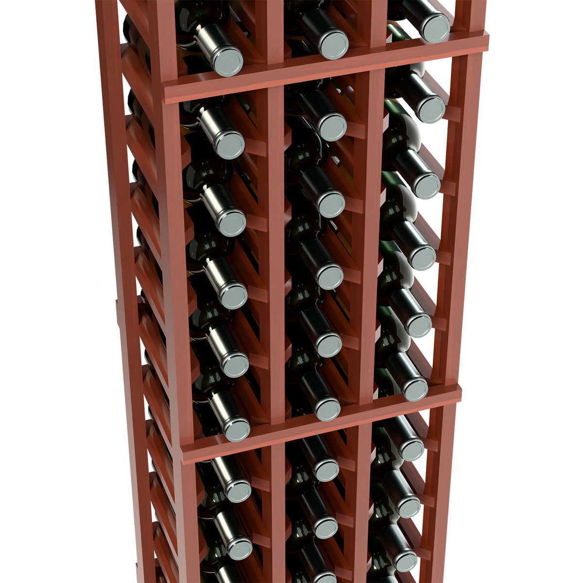 Wine bottle rack detail with red-brown frame, three columns, and angled bottle slots