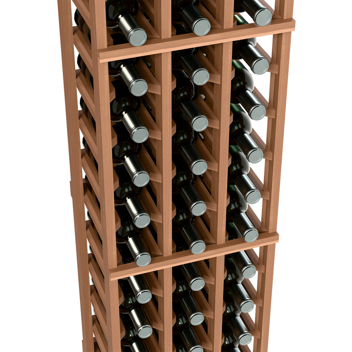 3-column wine bottle rack detail view with light wood frame and angled bottle holders