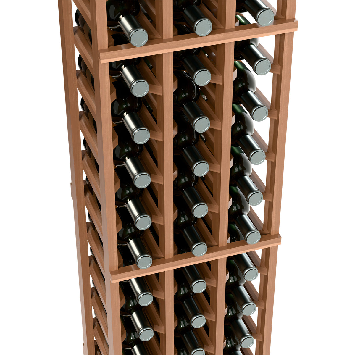 Wood wine bottle rack interior showing 3 columns of bottles in angled slots