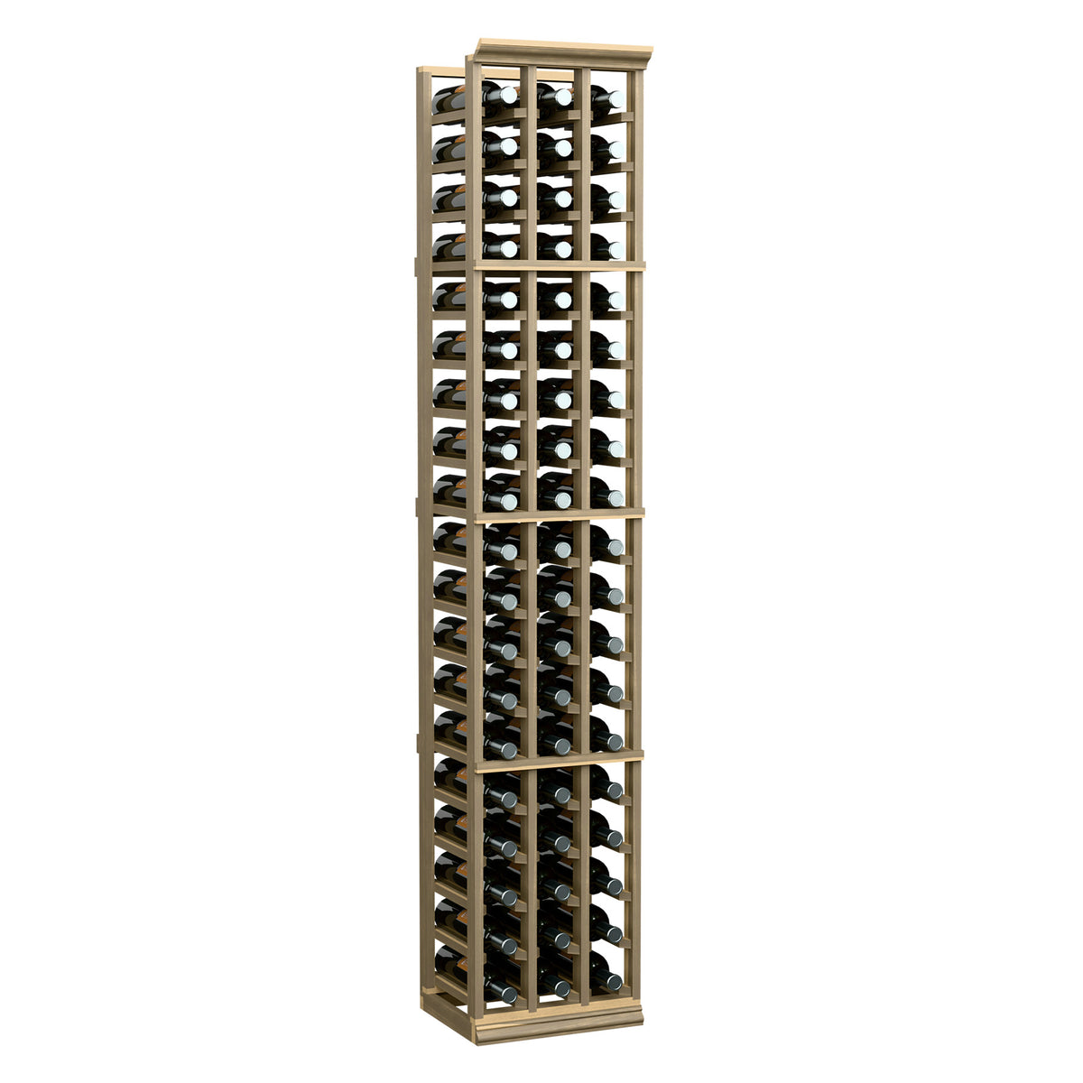 6ft 3-column wine bottle rack with light wood frame and bottle rows