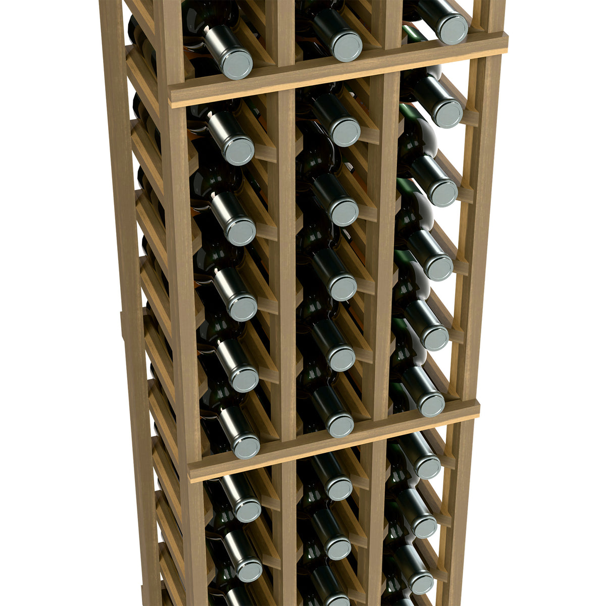 Close view of light wood wine bottle rack with bottles stored in three vertical sections
