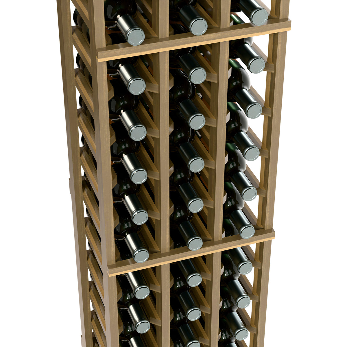 Light wood wine bottle rack close-up with bottle necks facing outward