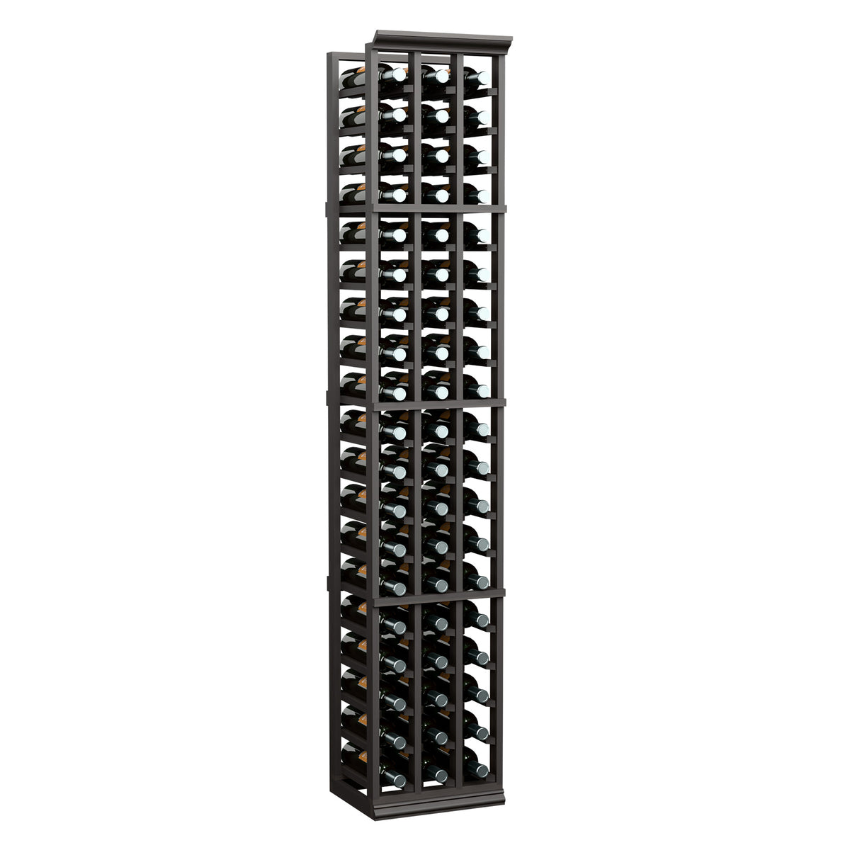 6ft 3-column wine bottle rack with black frame holding bottles in angled rows
