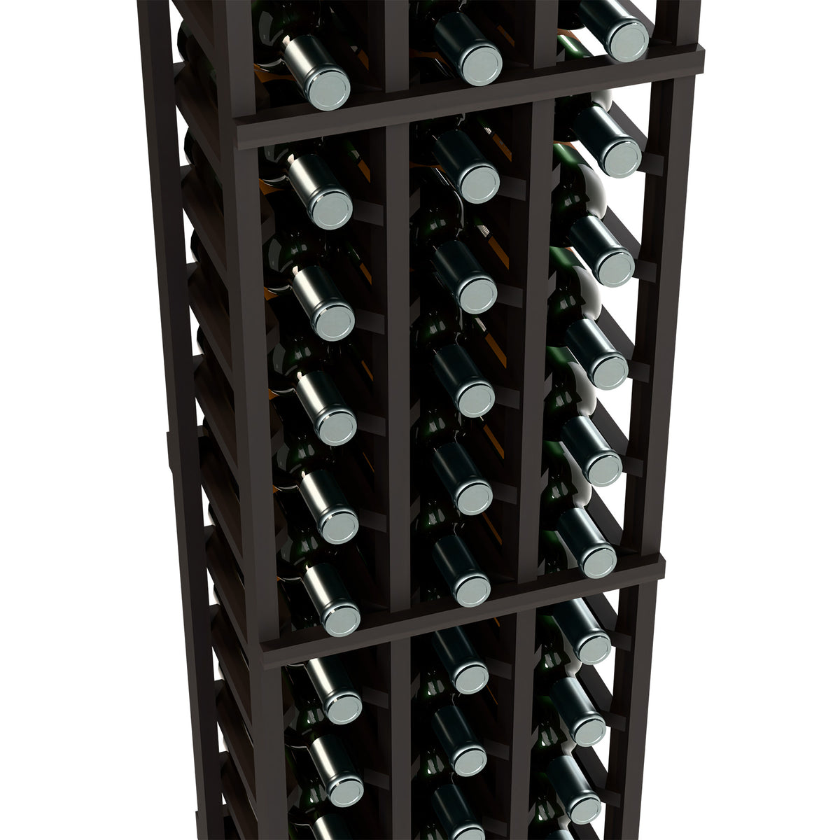 Close view of black wine bottle rack with three columns of bottles in cradles