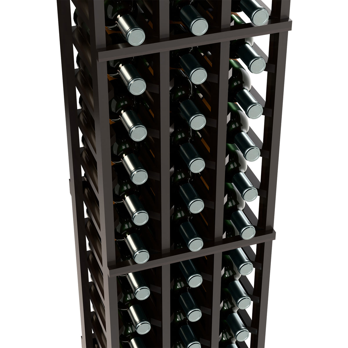 Black wine bottle rack interior close-up with bottles arranged in angled slots