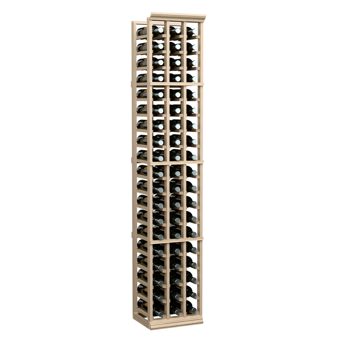 3-column wine bottle rack, 6 ft tall, holds bottles in a light wood grid