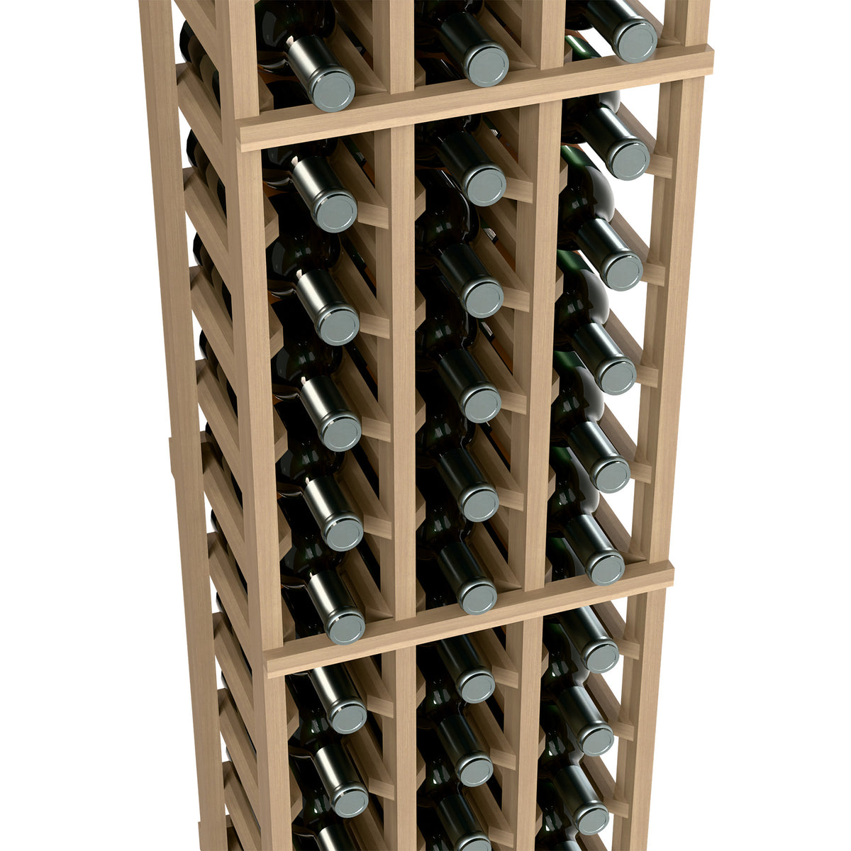 3-column wine bottle rack close view, bottle slots with light wood frame