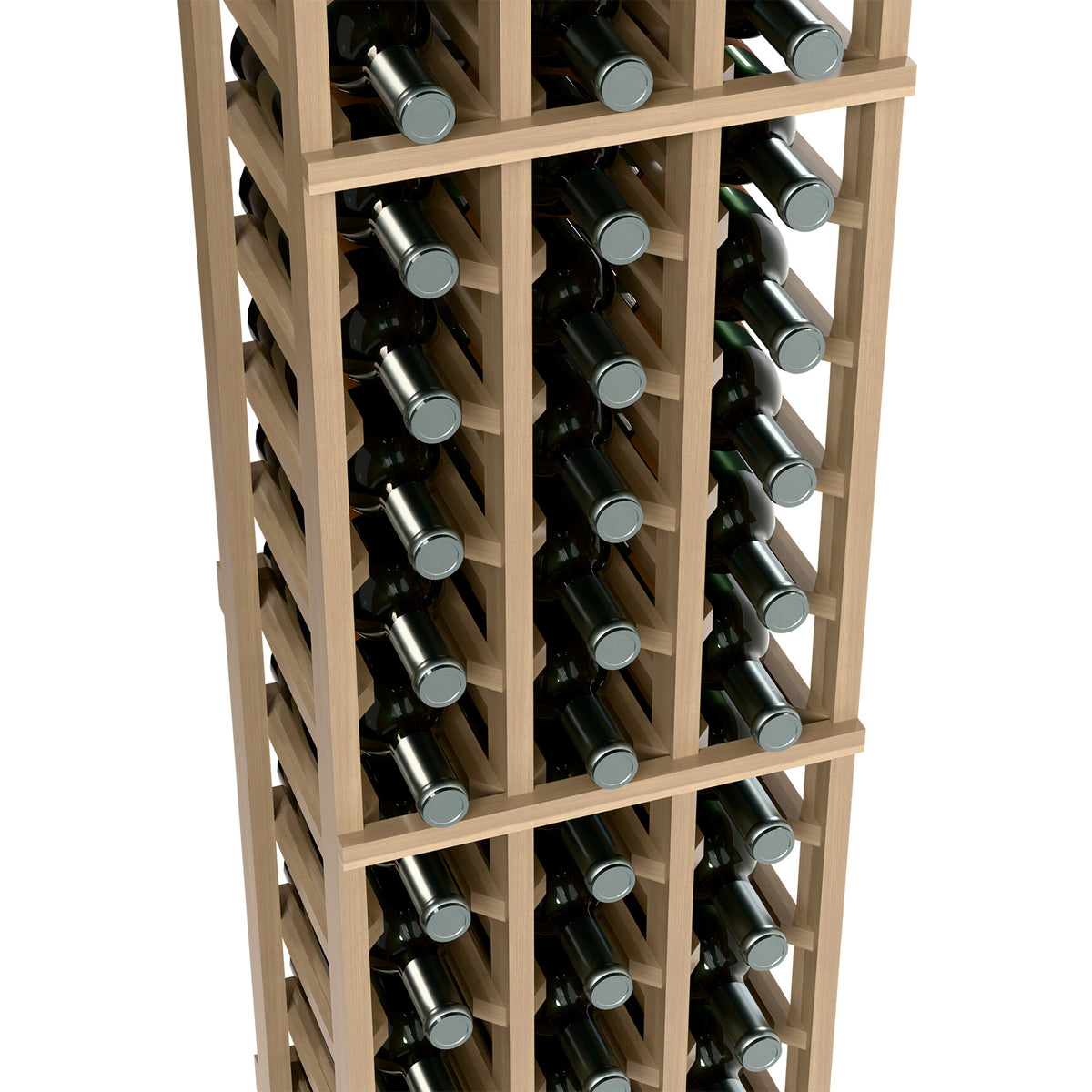 3-column wine bottle rack close view, bottle slots and light wood rails