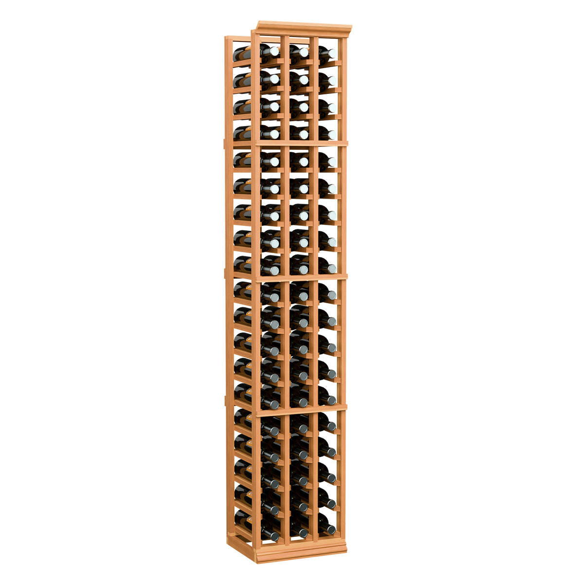 3-column wine bottle rack, 6 ft tall, warm wood frame with bottle grid