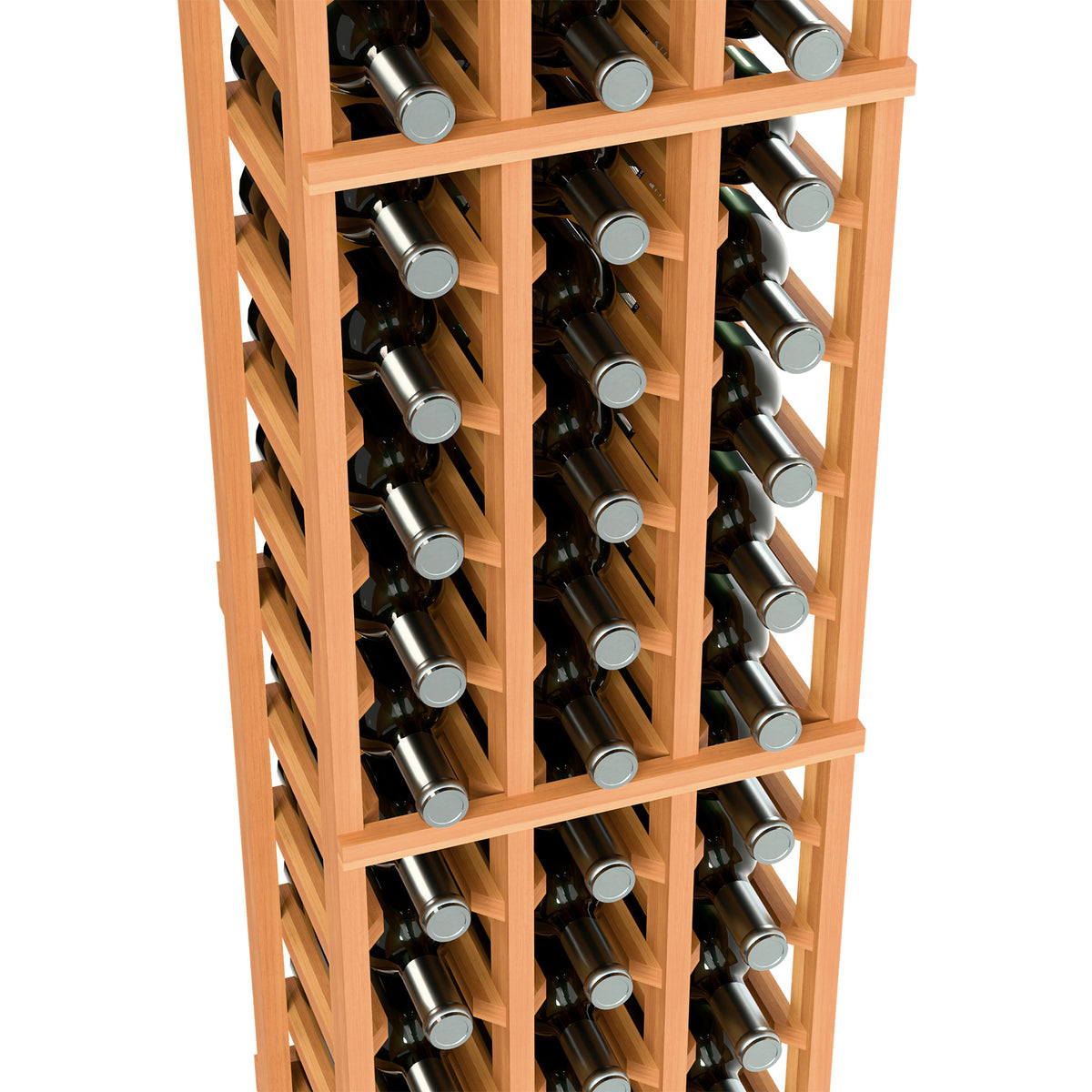 3-column wine bottle rack close view, bottle slots with orange wood frame