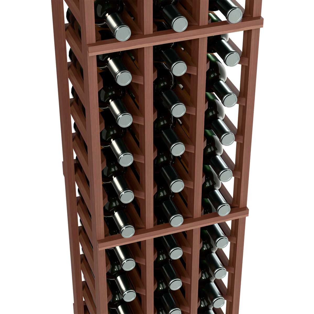3-column wine bottle rack close view, bottle slots in dark wood frame