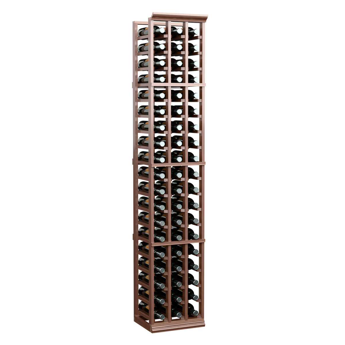3-column wine bottle rack, 6ft, dark wood frame holding rows of wine bottles