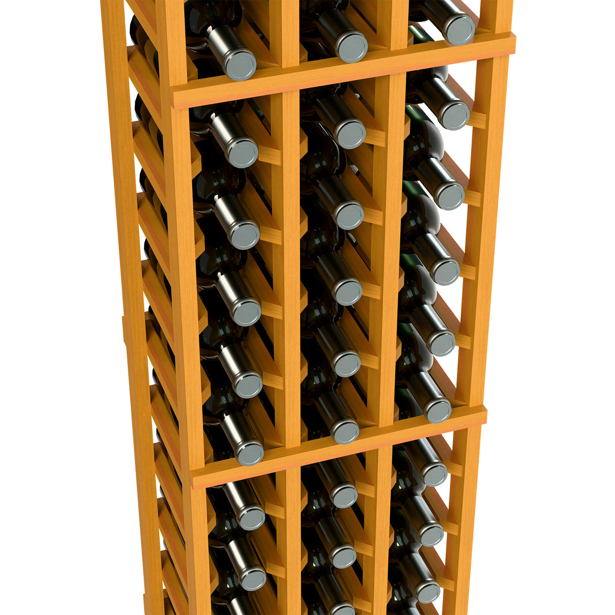 3-column wine bottle rack, 6ft, close-up of natural wood frame and wine bottle rows